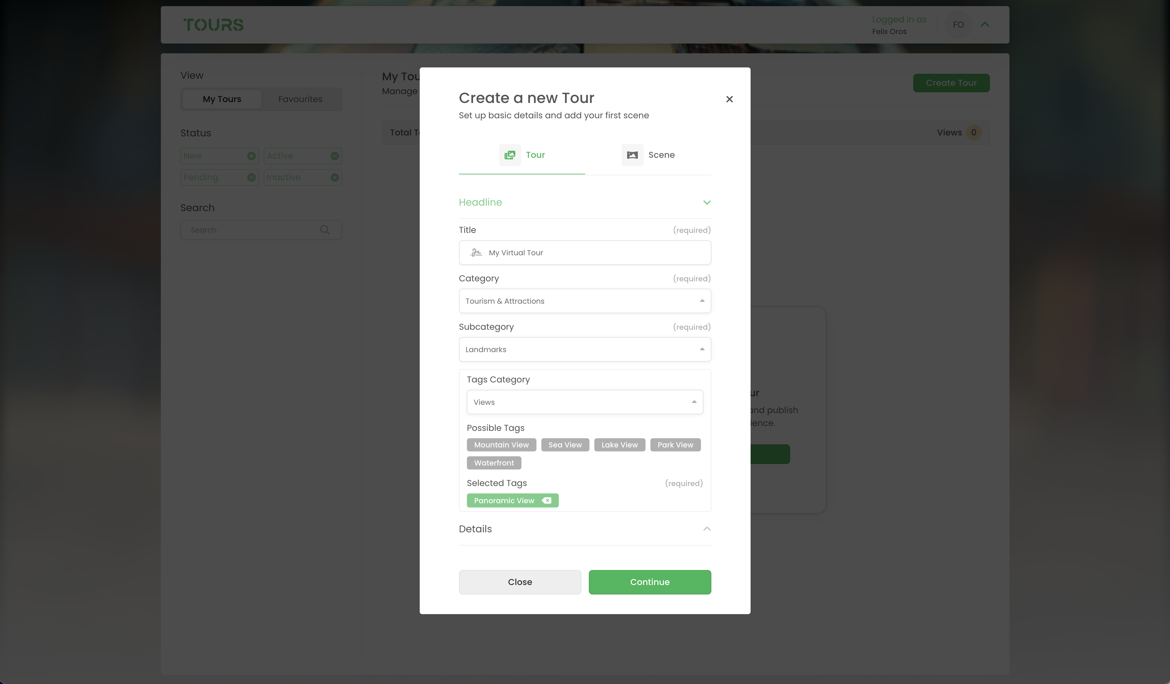 Formulaire de création de visite avec titre, catégorie et tags