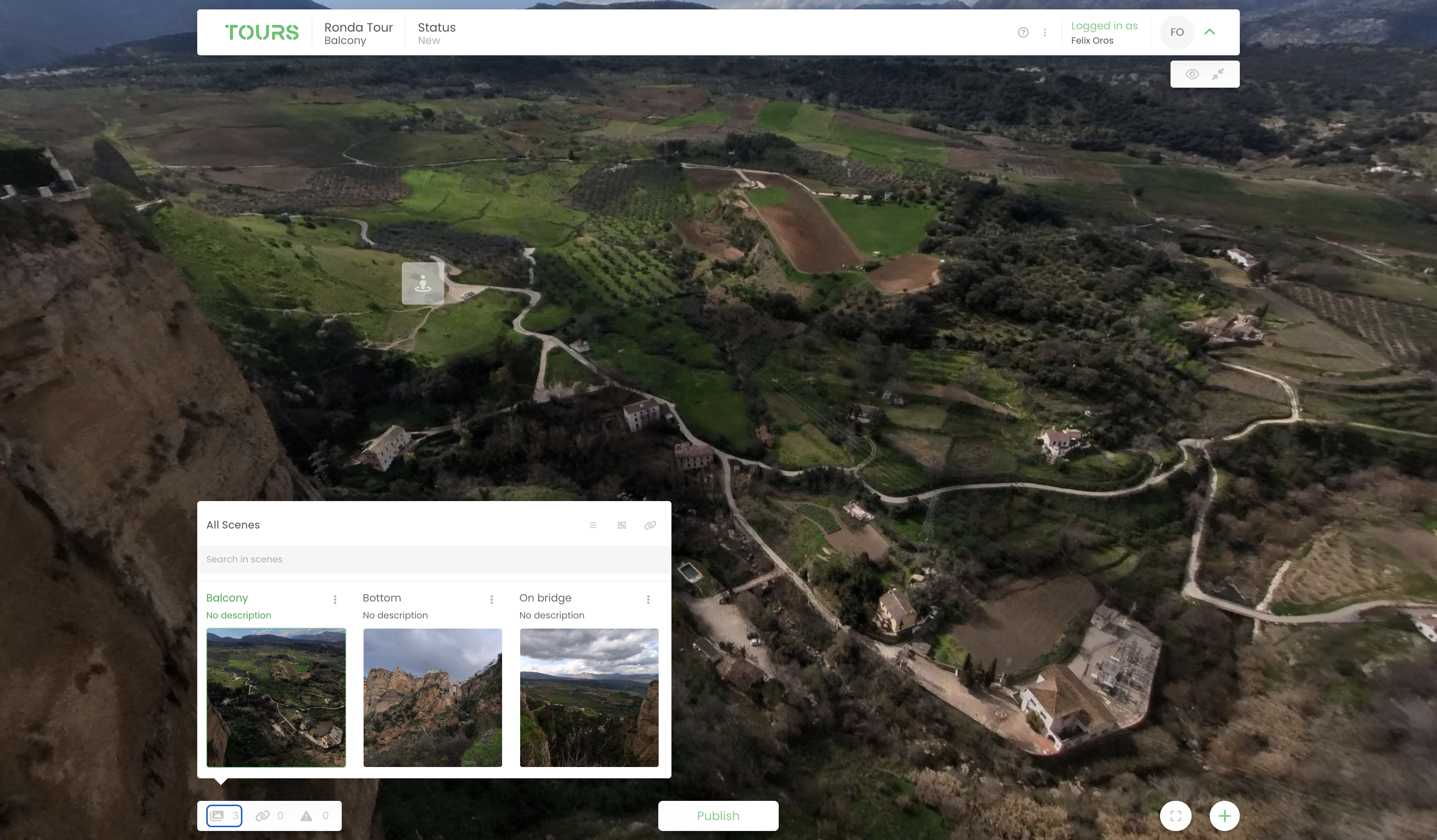 Éditeur 360° avec panneau de changement de scène