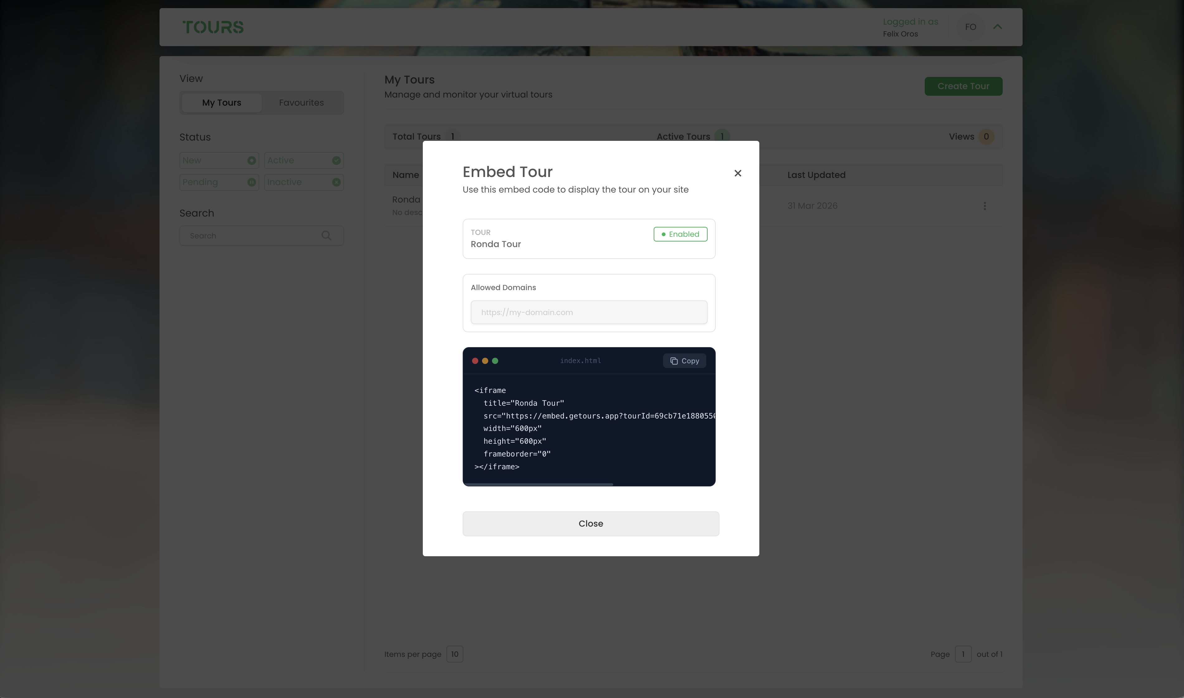 Dialogue d'intégration de visite avec code iframe