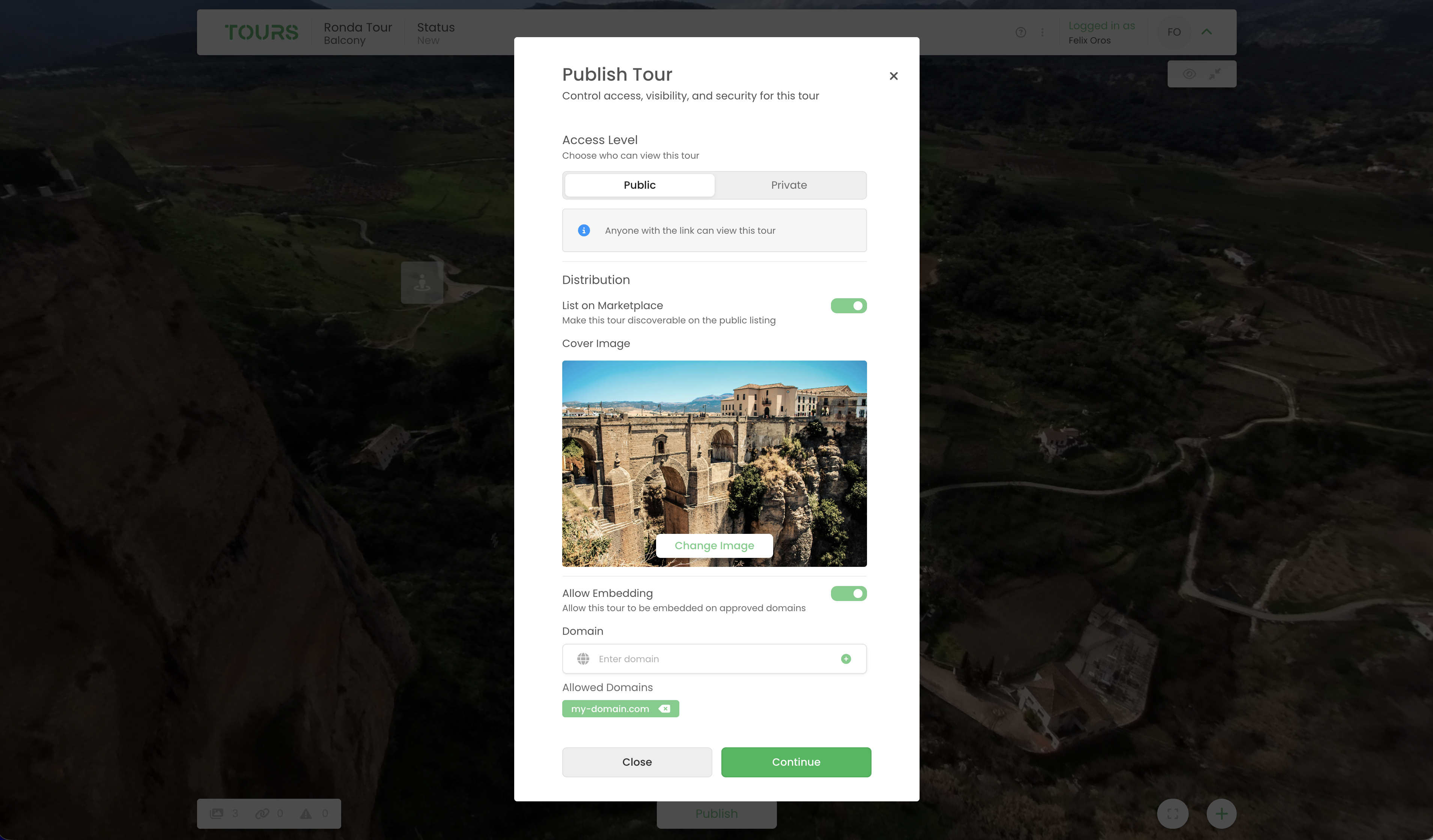 Dialogue de publication de visite avec niveau d'accès et paramètres d'intégration