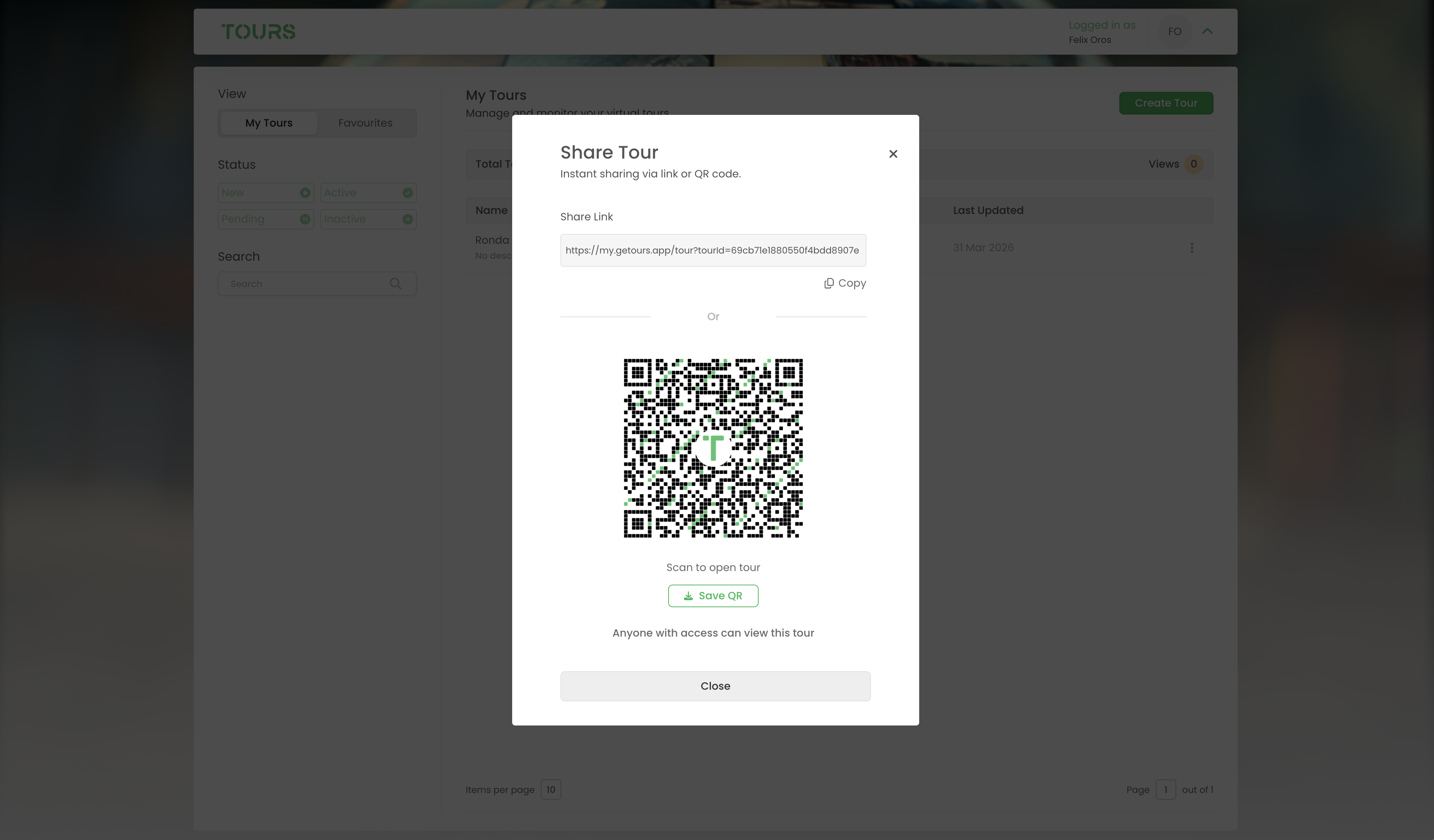 Dialogue de partage de visite avec lien et QR code
