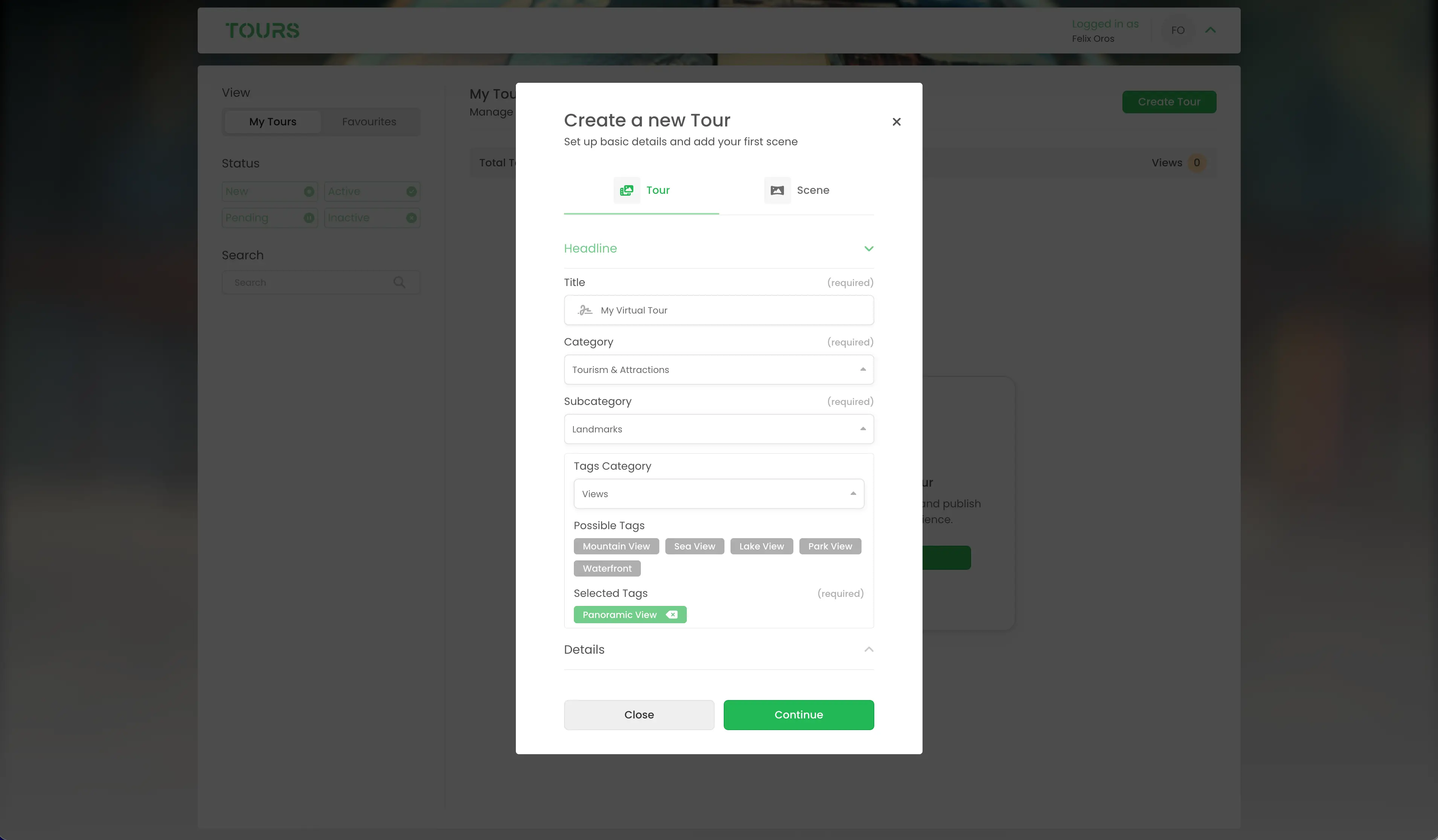 Create virtual tour form with title, category and tags