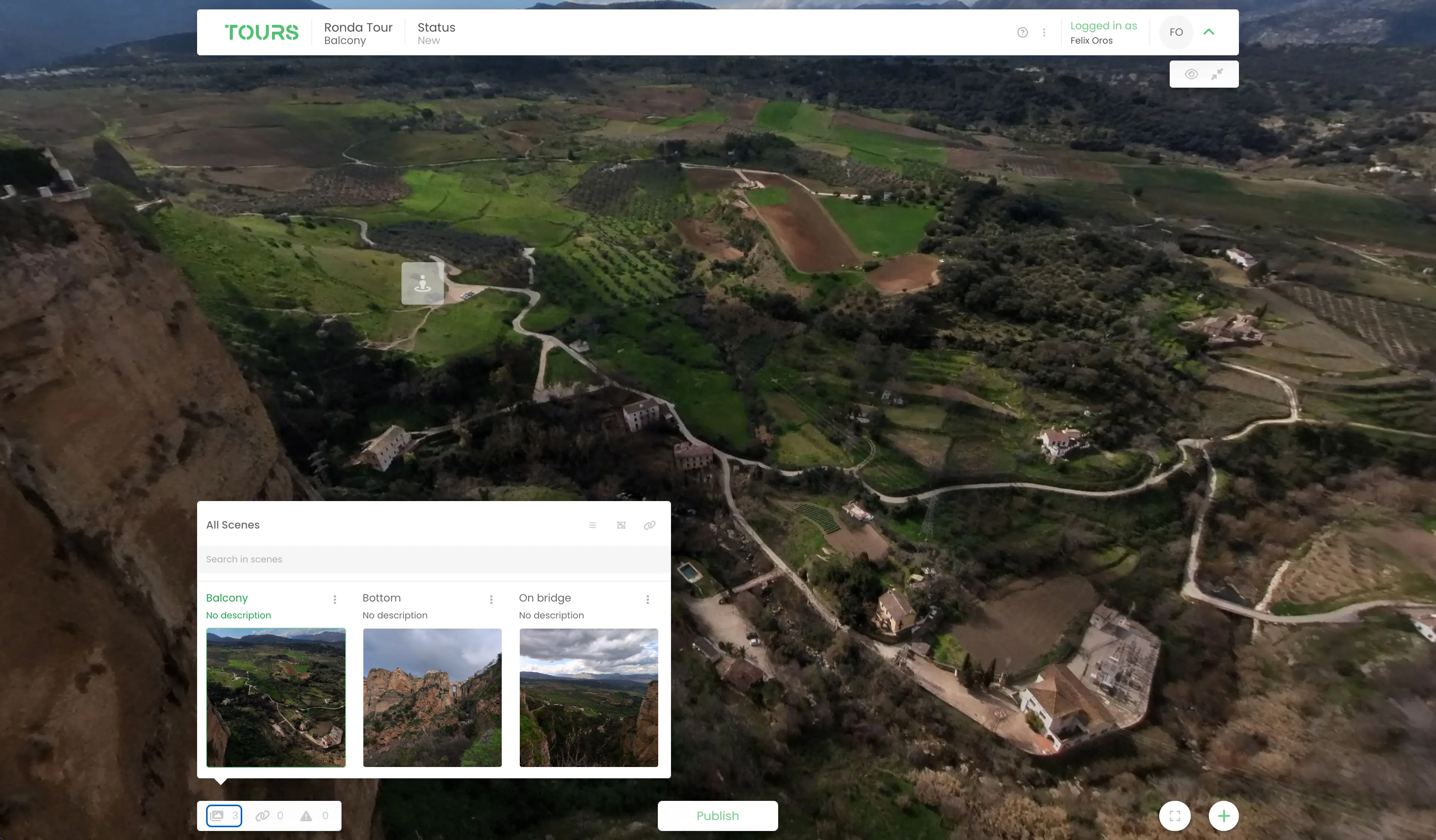 360° virtual tour editor with scene switcher panel
