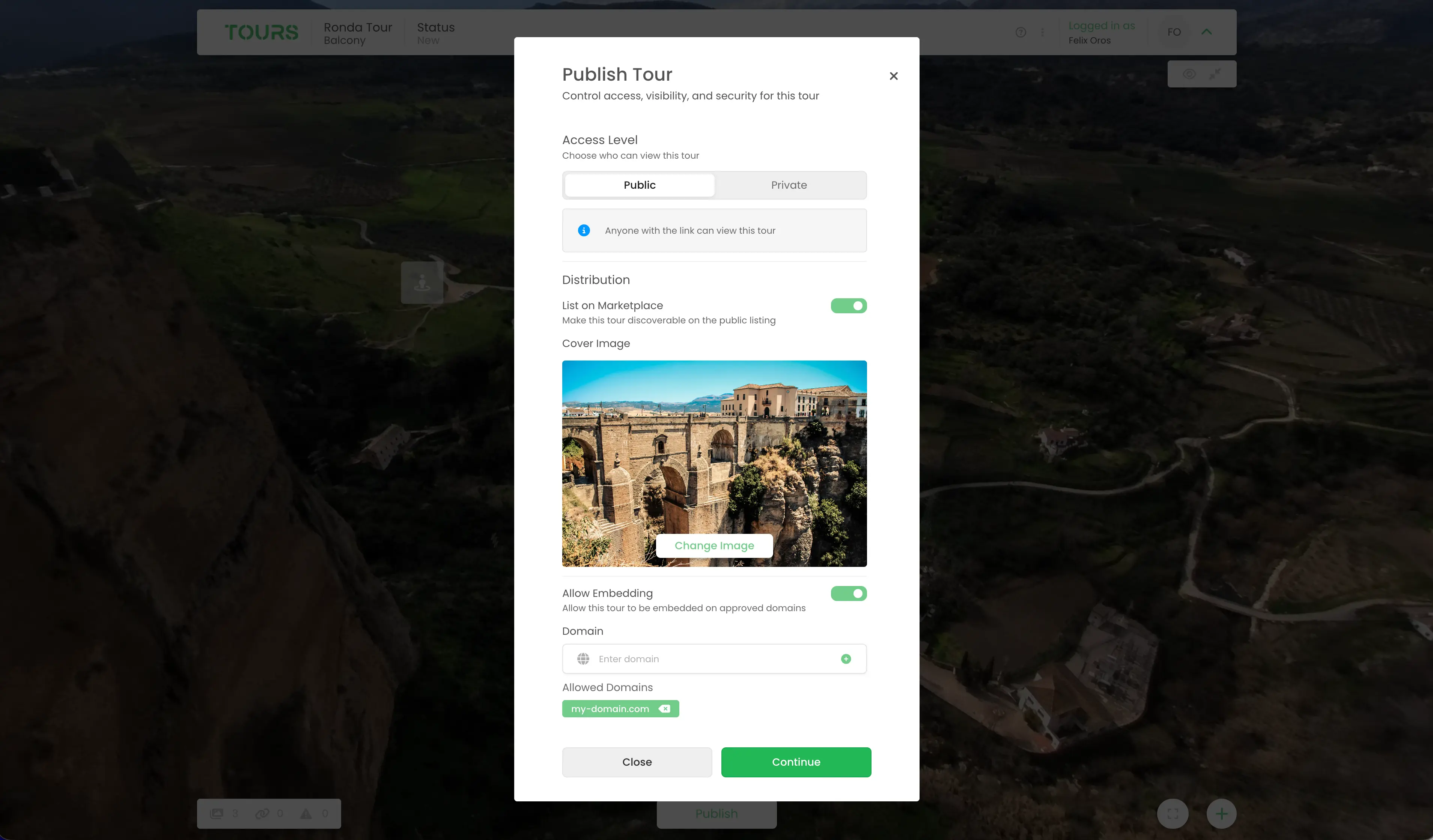 Publish virtual tour dialog with access settings